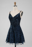 Navy A Line Spaghetti Straps Sparkly Sequins Short Cocktail Dress