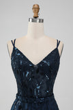 Navy A Line Spaghetti Straps Sparkly Sequins Short Cocktail Dress