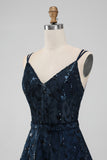 Navy A Line Spaghetti Straps Sparkly Sequins Short Cocktail Dress