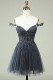 Navy Spaghetti Straps Short Formal Dress with Appliques