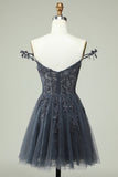 Navy Spaghetti Straps Short Formal Dress with Appliques