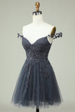 Navy Spaghetti Straps Short Formal Dress with Appliques