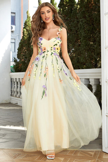 Champagne Spaghetti Straps Formal Dress With 3D Flowers
