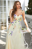 Green Spaghetti Straps Tulle Formal Dress With 3D Flowers