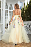 Champagne Spaghetti Straps Tulle Formal Dress With 3D Flowers