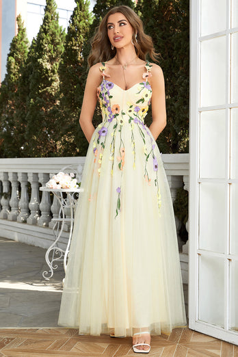 Champagne Spaghetti Straps Tulle Formal Dress With 3D Flowers