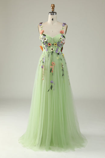 Green Spaghetti Straps Tulle Formal Dress With 3D Flowers