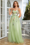 Green Spaghetti Straps Tulle Formal Dress With 3D Flowers