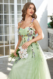 Champagne Spaghetti Straps Tulle Formal Dress With 3D Flowers