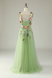 Champagne Spaghetti Straps Tulle Formal Dress With 3D Flowers