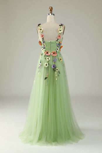 Green Spaghetti Straps Tulle Formal Dress With 3D Flowers
