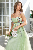 Green Spaghetti Straps Tulle Formal Dress With 3D Flowers