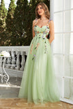 Green Spaghetti Straps Tulle Formal Dress With 3D Flowers