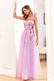 Champagne Spaghetti Straps Tulle Formal Dress With 3D Flowers