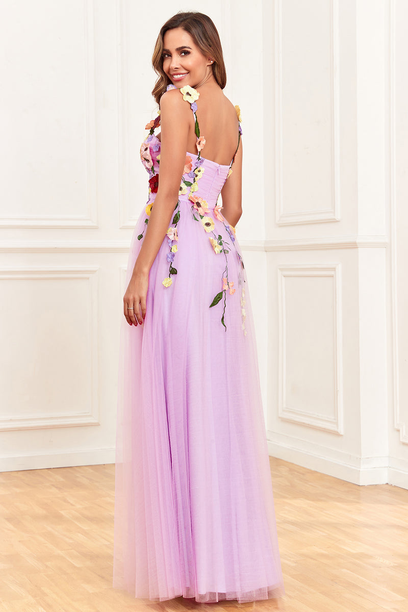 Load image into Gallery viewer, A Line Purple Spaghetti Straps Formal Dress With 3D Flowers