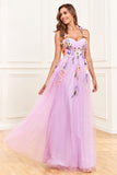 Purple Spaghetti Straps Formal Dress With 3D Flowers