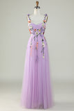 Purple Spaghetti Straps Formal Dress With 3D Flowers