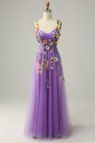 Purple Spaghetti Straps Formal Dress With 3D Flowers