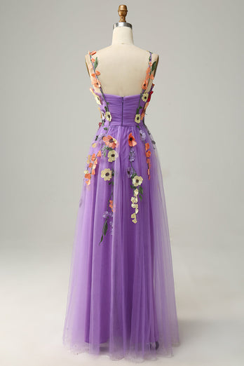 Purple Spaghetti Straps Formal Dress With 3D Flowers