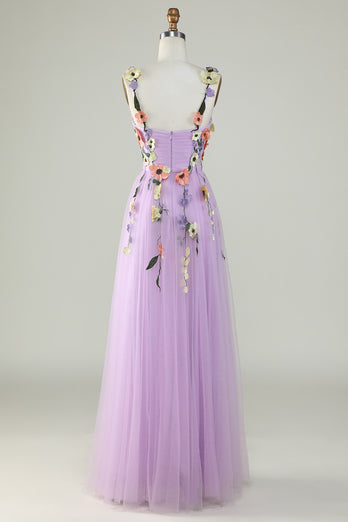 Purple Spaghetti Straps Formal Dress With 3D Flowers