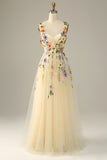 Champagne Spaghetti Straps Tulle Formal Dress With 3D Flowers