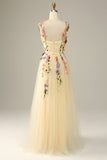 Champagne Spaghetti Straps Tulle Formal Dress With 3D Flowers