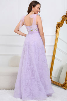 Purple A-Line Straps Long Formal Dress With Embroidery