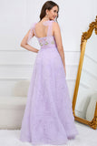 Purple A-Line Straps Long Formal Dress With Embroidery