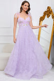 Purple A-Line Straps Long Formal Dress With Embroidery