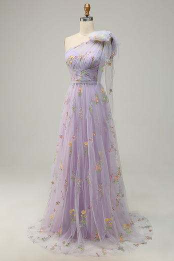 Purple One Shoulder Long Formal Dress With Embroidery