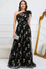 Load image into Gallery viewer, A-Line One Shoulder Black Long Formal Dress With Embroidery