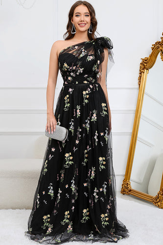 A-Line One Shoulder Black Long Formal Dress With Embroidery