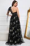 A-Line One Shoulder Black Long Formal Dress With Embroidery