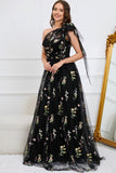 A-Line One Shoulder Black Long Formal Dress With Embroidery