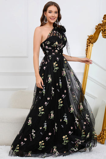 A-Line One Shoulder Black Long Formal Dress With Embroidery