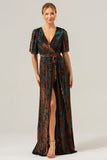 Dark Green A Line Burnout Velvet Long Formal Dress with Short Sleeves