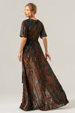 Dark Green A Line Burnout Velvet Long Formal Dress with Short Sleeves