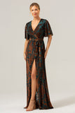 Dark Green A Line Burnout Velvet Long Formal Dress with Short Sleeves