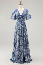 Burnout Velvet Blue V-Neck Long Mother of Bride Dress with Sash
