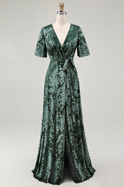 Burnout Velvet Pine V-Neck Long Mother of Bride Dress with Sash