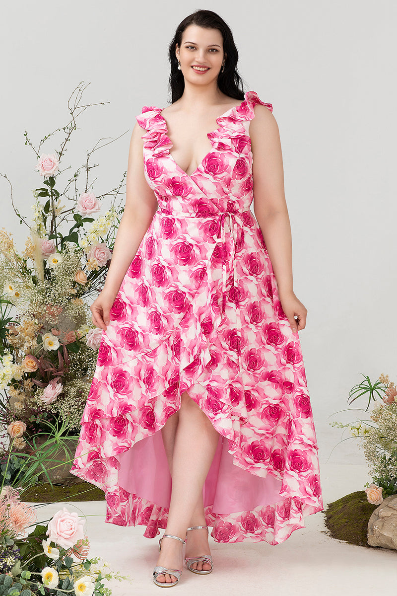 Load image into Gallery viewer, Plus Size High Low Pink Flower Printed Bridesmaid Dress with Ruffles