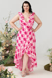 Plus Size High Low Pink Flower Printed Bridesmaid Dress with Ruffles