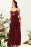 Burgundy Spaghetti Straps Lace Bridesmaid Dress with Hollow-out