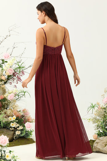 Burgundy Spaghetti Straps Lace Bridesmaid Dress with Hollow-out