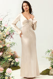 V-Neck Champagne Long Bridesmaid Dress with Sleeves