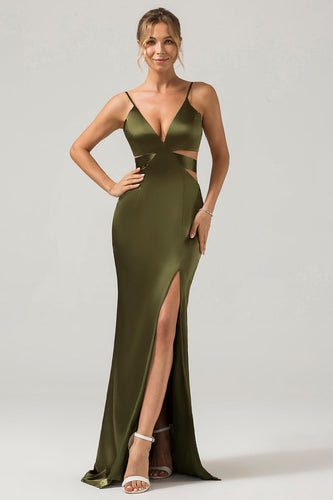 Olive Sheath Spaghetti Straps Cut Out Long Bridesmaid Dress with Slit
