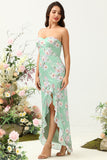 Sheath Spaghetti Straps Light Green Floral Printed Bridesmaid Dress with Split Front