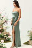 Strapless Eucalyptus Long Bridesmaid Dress with Slit