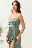 Strapless Eucalyptus Long Bridesmaid Dress with Slit