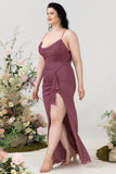 Sheath Spaghetti Straps Desert Rose Long Plus Size Formal Dress with Split Front